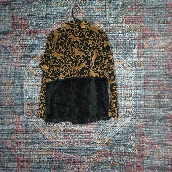 KERRITS womens brown black Equestrian 1/2 zip horse pattern fleece sweater XL - Picture 3 of 9